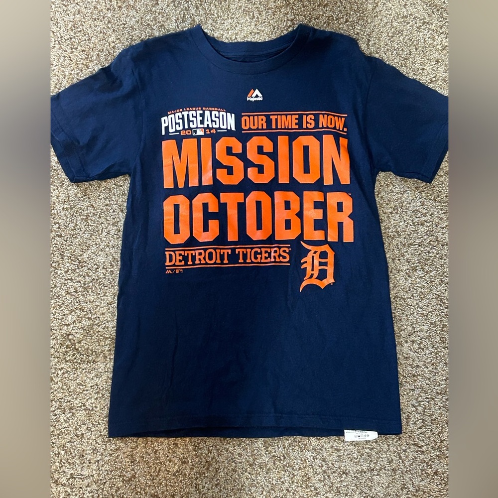 Detroit Tigers 2014 Mission October Playoff Shirt MLB Majestic Mens Small!